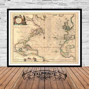 Carte ancienne de l'océan Atlantique, Mar del Nort, 1661, carte rare, belle reproduction fine, grande carte, impression d'art, impression de carte surdimensionnée