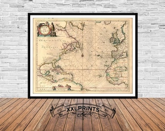 Antike Karte des Atlantischen Ozeans, Mar del Nort, 1661, seltene Karte, schöne, feine Reproduktion, große Karte, Kunstdruck, übergroßer Kartendruck