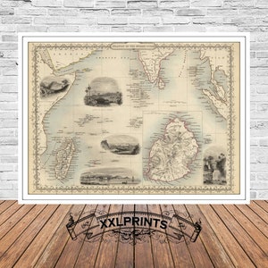Mapa antiguo de las islas del océano Índico, 1851, mapa antiguo de Mauricio, reproducción fina, impresión de bellas artes, decoración antigua, impresión de mapa de gran tamaño