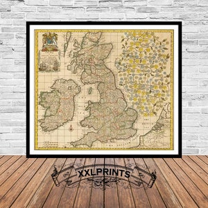 Old map of England, Scotland and Ireland,1687,very rare map,royal family tree,fine reproduction,large map,fine art print,oversize map print