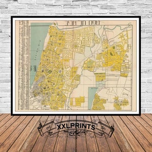 Carte ancienne de Tel-Aviv, Israël, XIXe siècle, plan de la ville, rare, belle reproduction, grande carte, impression d'art, décoration antique, impression de carte surdimensionnée