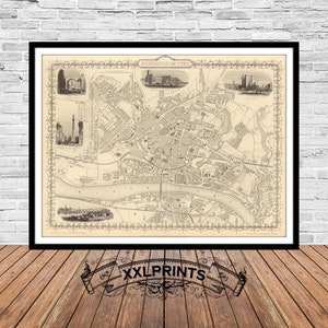 Newcastle on Tyne Map Print: 1851 Antique City Plan Reproduction