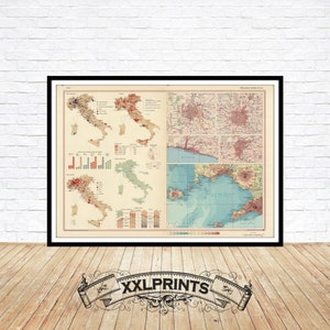 Vecchia mappa dell'Italia, 1967, mappa dettagliata dell'industria, del turismo, riproduzione raffinata, mappa di grandi dimensioni, stampa artistica, stampa di mappa di grandi dimensioni