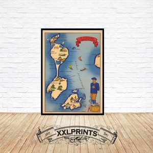 Old pictorial map of St. Pierre and Miquelon, 1943, fine reproduction, large map, fine art print, oversize map print
