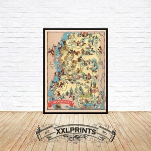 1935 cartoon map of Mississippi, pictorial map, fine reproduction, large map, fine art print, oversize map print