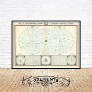 Antique Star Map Print: 1860 Hemispheres Celestial Chart