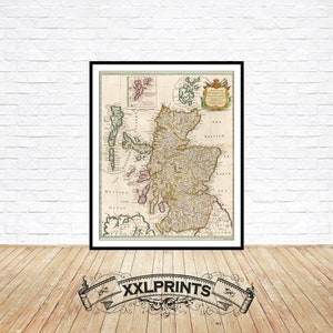 Ancienne carte du royaume d'Écosse, 1744, carte rare, antique, belle, belle reproduction, grande carte, impression d'art, décor antique, impression de carte surdimensionnée