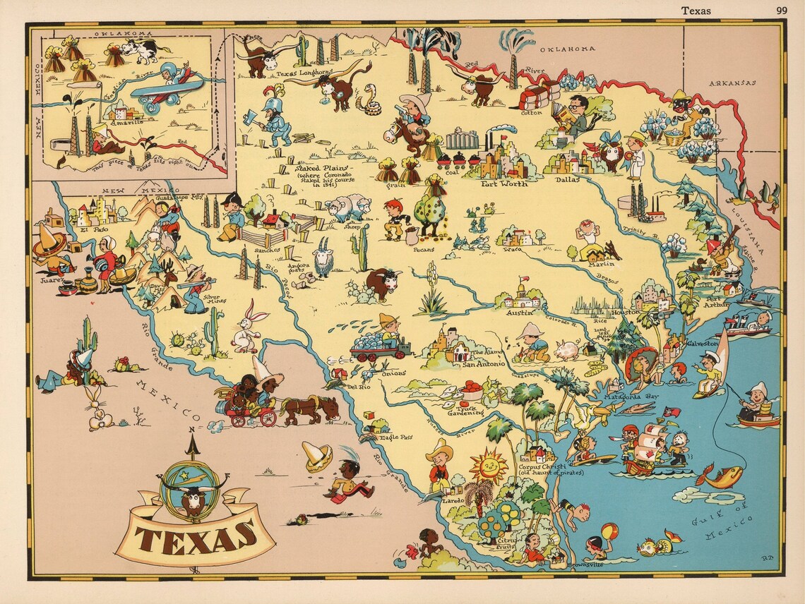 1935 Cartoon Map of Texas Pictorial Map Fine Reproduction Etsy