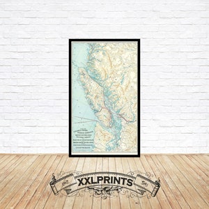 Ancienne carte de la côte de la Colombie-Britannique, 1911, belle reproduction, grande carte, impression d'art, impression de carte surdimensionnée