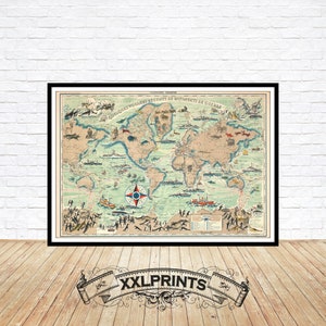 Antigo mapa pictórico do mundo traçando viagens de navios de guerra franceses, século XIX, reprodução fina, mapa grande, impressão de belas artes, impressão de mapa em tamanho grande