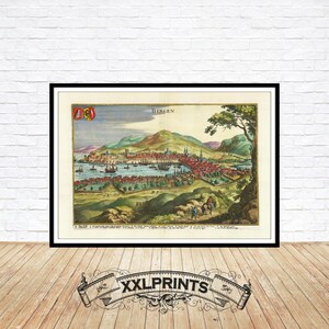 Alte Vogelperspektive auf Bergen, 1638, seltene, feine Reproduktion, große Karte, Fine Art Druck, Übergröße Landkarte