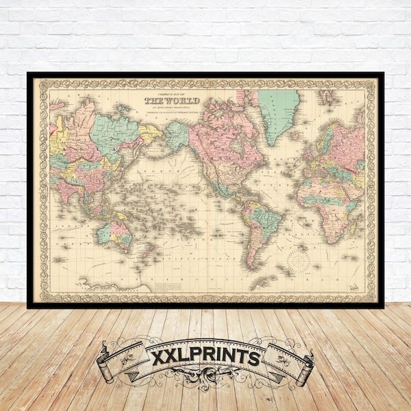 Antique World Map Print: 1855 Fine Art Reproduction