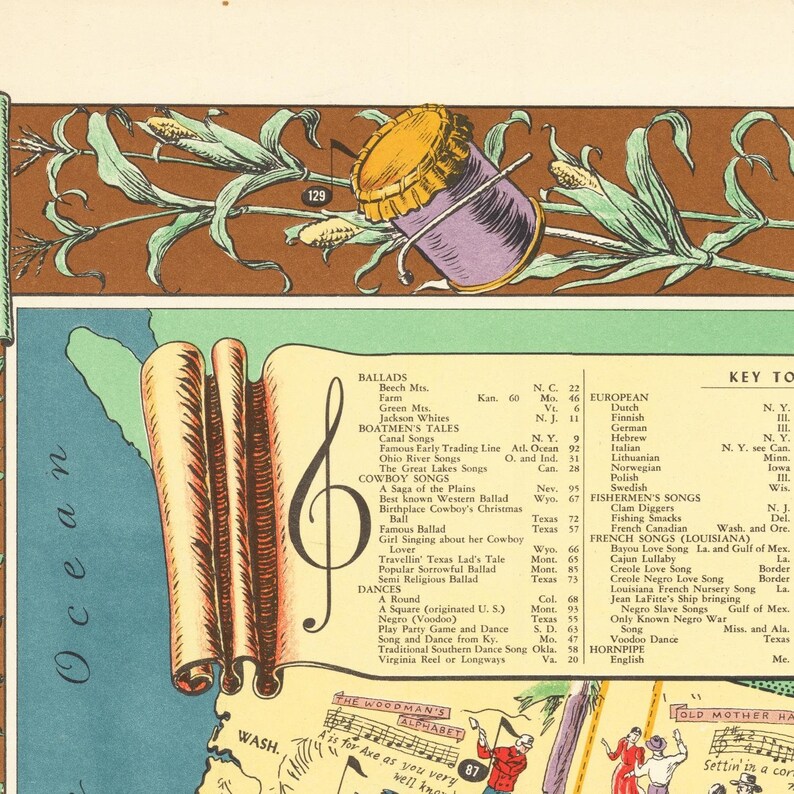 Old Map of the Folklore Music United States 19th Century Etsy