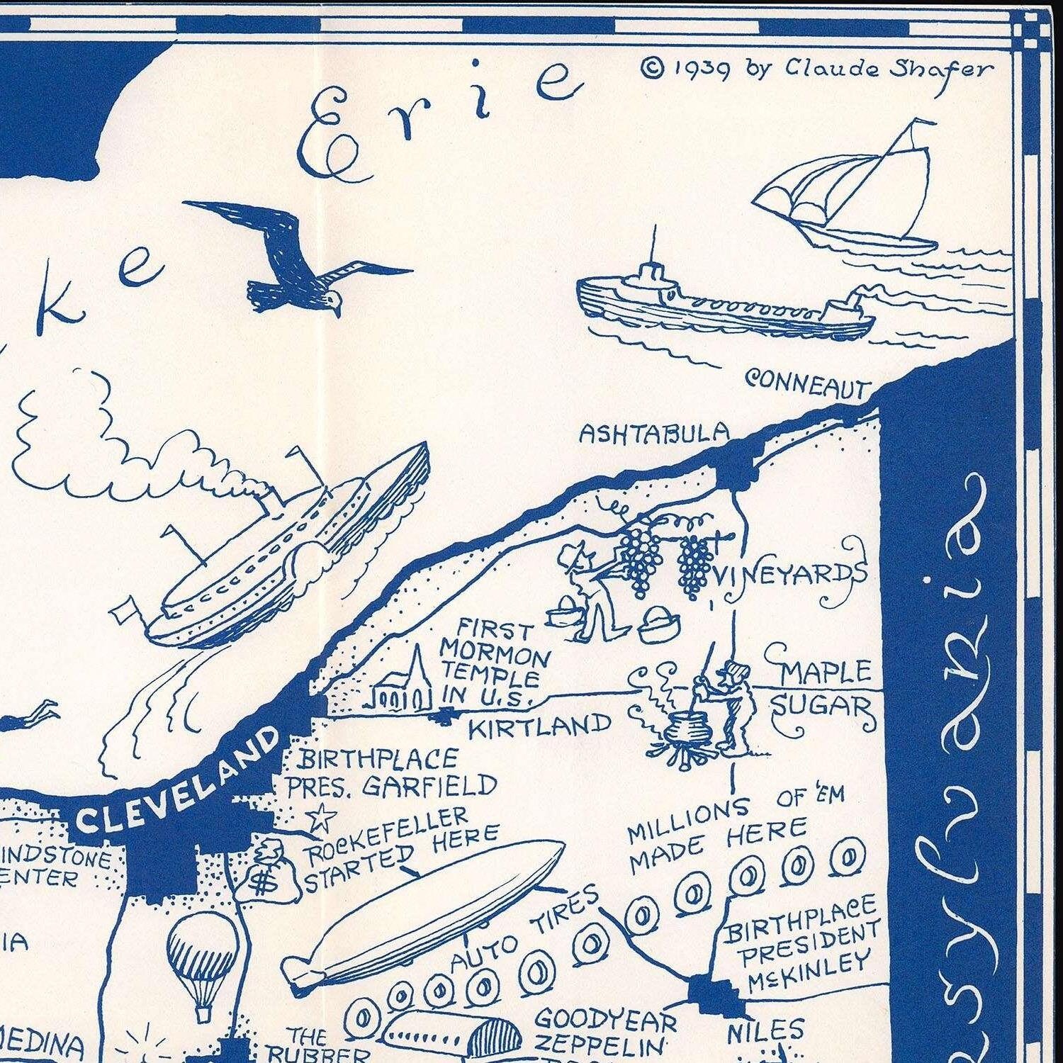 Carte Ancienne De L'Ohio 1939 - Reproduction Vintage - Toile Prête à Accrocher