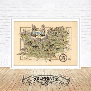 Mapa ilustrado antiguo de la región de Normandía, 1951, provincias de Francia, reproducción fina, mapa grande, impresión de bellas artes, impresión de mapa de gran tamaño
