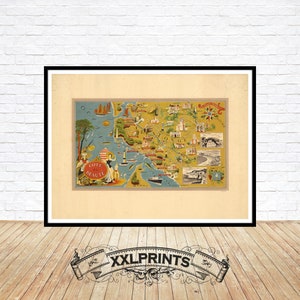 Mapa ilustrado antiguo de Côte de Beauté, 1940, costa suroeste de Francia, reproducción fina, mapa grande, impresión de bellas artes, impresión de mapa de gran tamaño