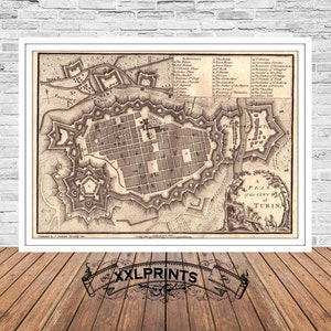 Mapa antiguo de Turín, 1800, plano de la ciudad de Turín, reproducción fina, mapa grande, impresión de bellas artes, decoración antigua, impresión de mapa de gran tamaño