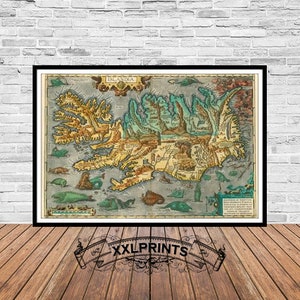 Mapa antiguo de Islandia, 1580, mapa muy raro, hermoso, reproducción fina, mapa grande, impresión de bellas artes, decoración antigua, impresión de mapa de gran tamaño