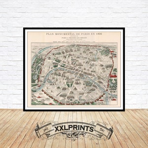 Mapa antiguo de París, 1891, mapa raro, mapa de monumentos, mapa de visitantes, reproducción fina, mapa grande, impresión de bellas artes, decoración antigua, impresión de mapa de gran tamaño