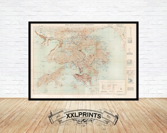 Old map of Hong Kong, 1945, antique map, fine reproduction, large map, fine art print, antique decor, oversize map print