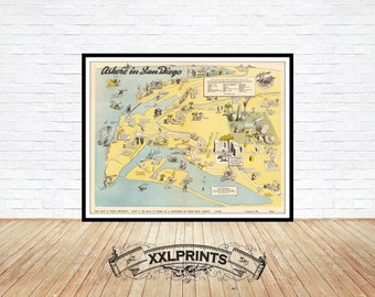 Old pictorial map of San Diego, 1943, fine reproduction, large map, fine art print, antique decor, oversize map print