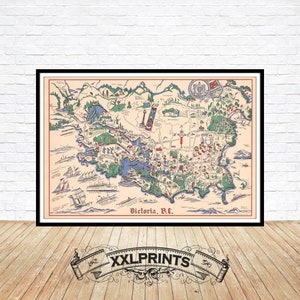 May include: A vintage map of Victoria, B.C. with a colorful illustration of the city and surrounding area. The map is printed on a cream-colored background with blue, red, and green accents.