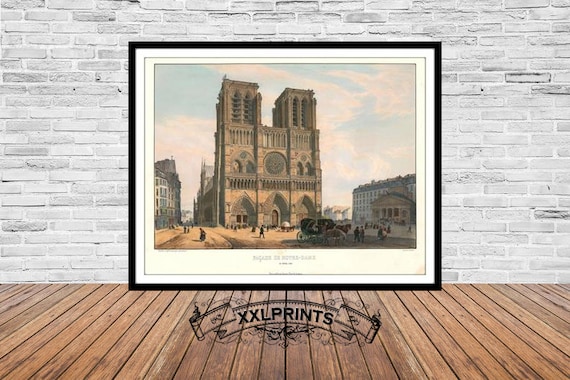 ノートルダム大聖堂の版画：1845年のリトグラフ、アンティークパリ装飾