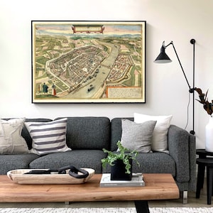 Ancient perspective view of Frankfurt am Rhein, 1572, very rare, fine reproduction, large map, fine art print, oversize map print