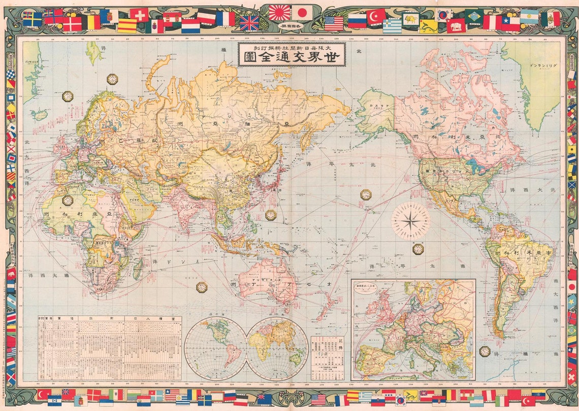 Old Japanese World Map 1910 Rare Antique Fine Etsy Il 1140xN.2512097236 M1f6