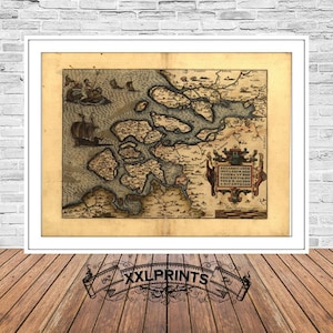 Carte ancienne des Pays-Bas, Zélande, 1520, carte extrêmement rare, belle reproduction, grande carte, impression d'art, impression de carte surdimensionnée