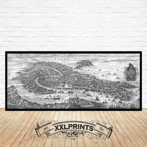 Antike Karte von Venedig um 1650, Vogelschau, feine Reproduktion, vintage dekor, Panorama über Venedig, Fine Art Print, groß