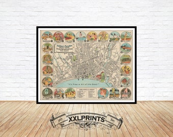 May include: A vintage map of Nice, France, with a title that reads "Soldier's Paradise - United States Overseas Recreational Area - Nice, France". The map is surrounded by a border of circular illustrations depicting various activities and attractions in the area, such as swimming, fishing, and playing golf.