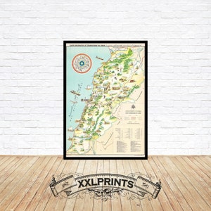 Ancienne carte du Liban, 1955, carte touristique, belle carte, belle reproduction, grande carte, impression d'art, impression de carte surdimensionnée