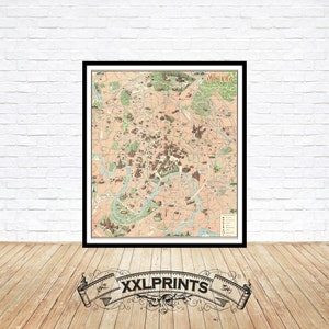 Old map of Moscow, pictorial city plan, 1975, russian language, monument map, fine reproduction, large map,fine art print,oversize map print