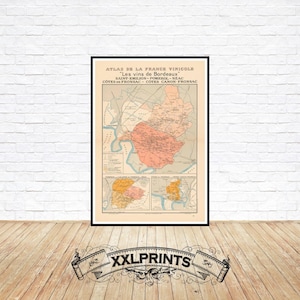 Antiguo mapa de vinos de Burdeos, Saint Emilio, Pomerol, Neac, Cotes De Fronsac, Cotes Canon Fronsac, 1941, viñedos de Francia, reproducción fina