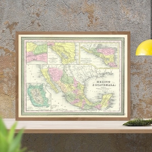 Antike Landkarte von Mexiko und Guatemala, 1850, feine Reproduktion, große Landkarte, antikes Dekor, hochwertiger Kunstdruck