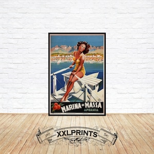 Antiguo cartel publicitario de Marina Di Massa, reproducción fina, impresión de bellas artes