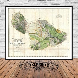 Maui Hawaii Map Print, 1885 Antique Hawaiian Islands Art