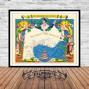 Weinkarte von Roussillon Midi Provence, Sete, Narbonne, Perpignern, 1954, Karte der französischen Weinberge, feine Reproduktion, große Karte, hochwertiger Kunstdruck