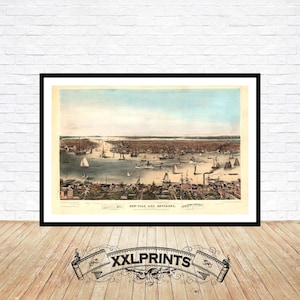 Antike Vogelansicht von New York City aus Williamsburg, 1848, feine Reproduktion, große Karte, Fine Art Druck, Übergröße Landkarte Print
