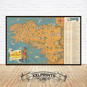 Mapa turístico y monumental antiguo de Bretaña, Francia, 1950, mapa ilustrado, reproducción fina, mapa grande, impresión de bellas artes, impresión de mapa de gran tamaño