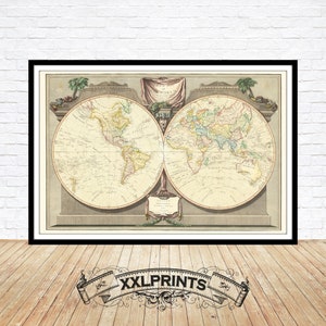 Oude kaart van de wereld, Captain Cooks-sporen, 1808, zeldzame kaart, fijne reproductie, grote kaart, fine-artprint, antiek decor, extra grote kaartafdruk