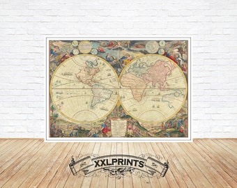 Antique map of the World, 1730, fine reproduction, large map, fine art print, oversize map print