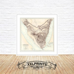 May include: A vintage map of Mount Sinai in the Sinai Peninsula, Egypt. The map is in black and white with brown and green details. The map is titled "Mount Sinai" and includes the text "A Sketch of the Mountain and its Environs".