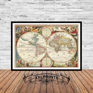 Oude kaart van de wereld, 1648, zeer zeldzame kaart, gekleurd, fijne reproductie, grote kaart, fine-artprint, antiek decor, extra grote kaartafdruk
