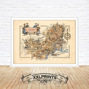 Antigo mapa pictórico de Languedoc, 1951, Províncias da França, reprodução fina, mapa grande, impressão de belas artes, impressão de mapa em tamanho grande