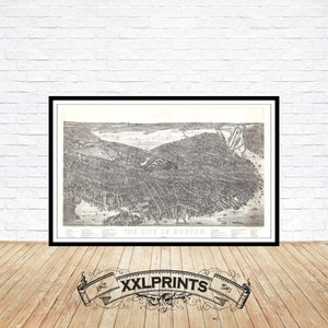 Alte Karte von Boston, Massachusetts, 1879, äußerst selten, aus der Vogelperspektive, feine Reproduktion, große Karte, Fine Art Druck, Übergröße Landkarte