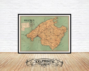 Mapa antiguo de Mallorca, 1960, reproducción fina, mapa grande, impresión de bellas artes, decoración antigua, impresión de mapa de gran tamaño