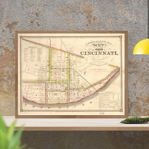 Mapa antiguo de la ciudad de Cincinnati, 1841, mapa antiguo de Cincinnati, reproducción fina, mapa enorme, decoración vintage, impresión de bellas artes