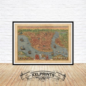 Alte Vogelperspektive von Konstantinopel, Istanbul, 1572, seltene antike Landkarte, feine Reproduktion, große Landkarte, Fine Art Druck, Kunstdruck